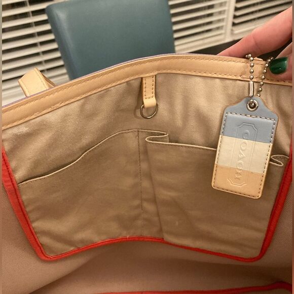 Coach Monogram Red White Striped Canvas Lightweight Top Handle Tote Weekend Bag - Picture 5 of 10